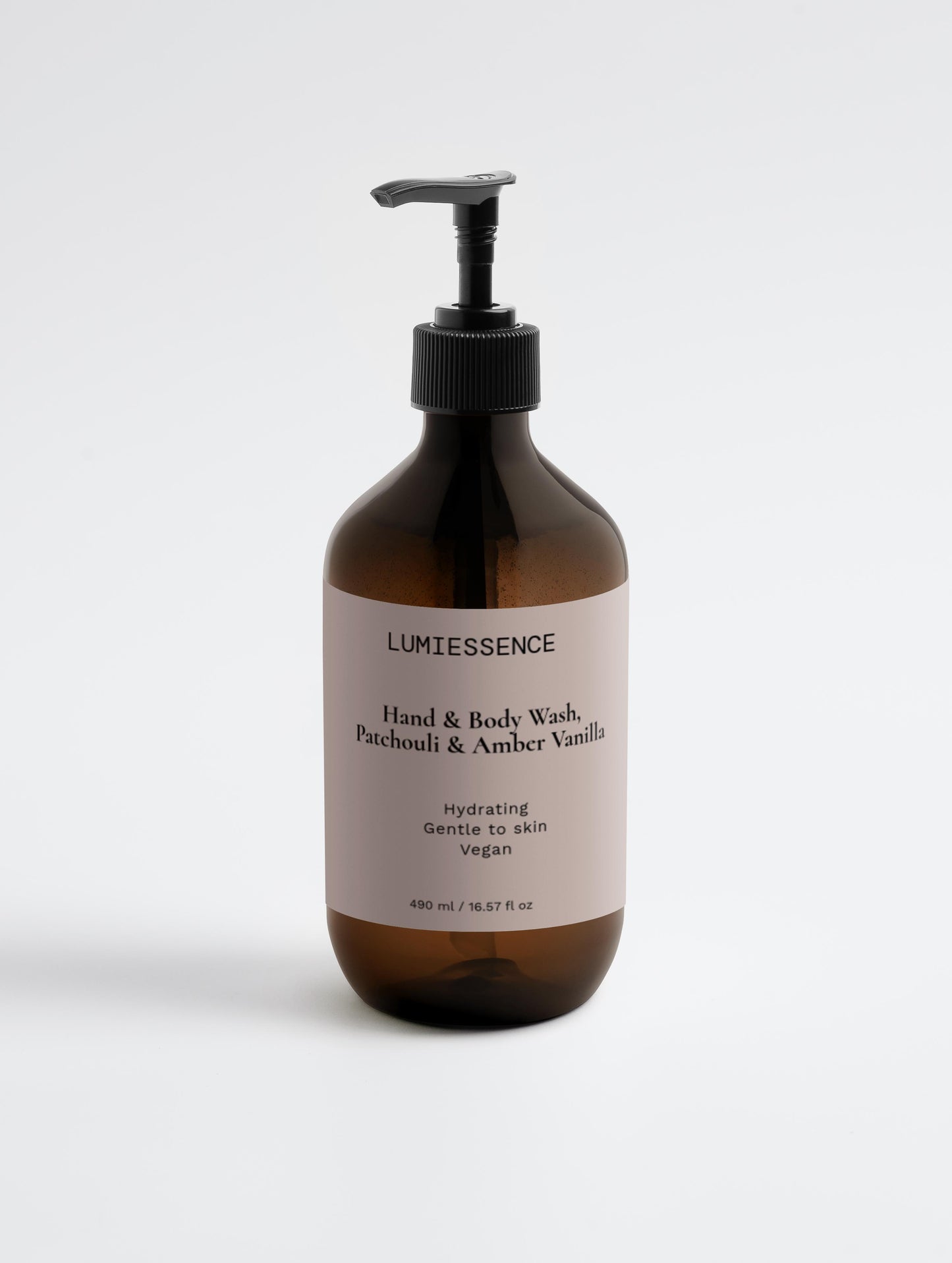 Bottle of Hand & Body Wash in Patchouli & Amber Vanilla with elegant packaging