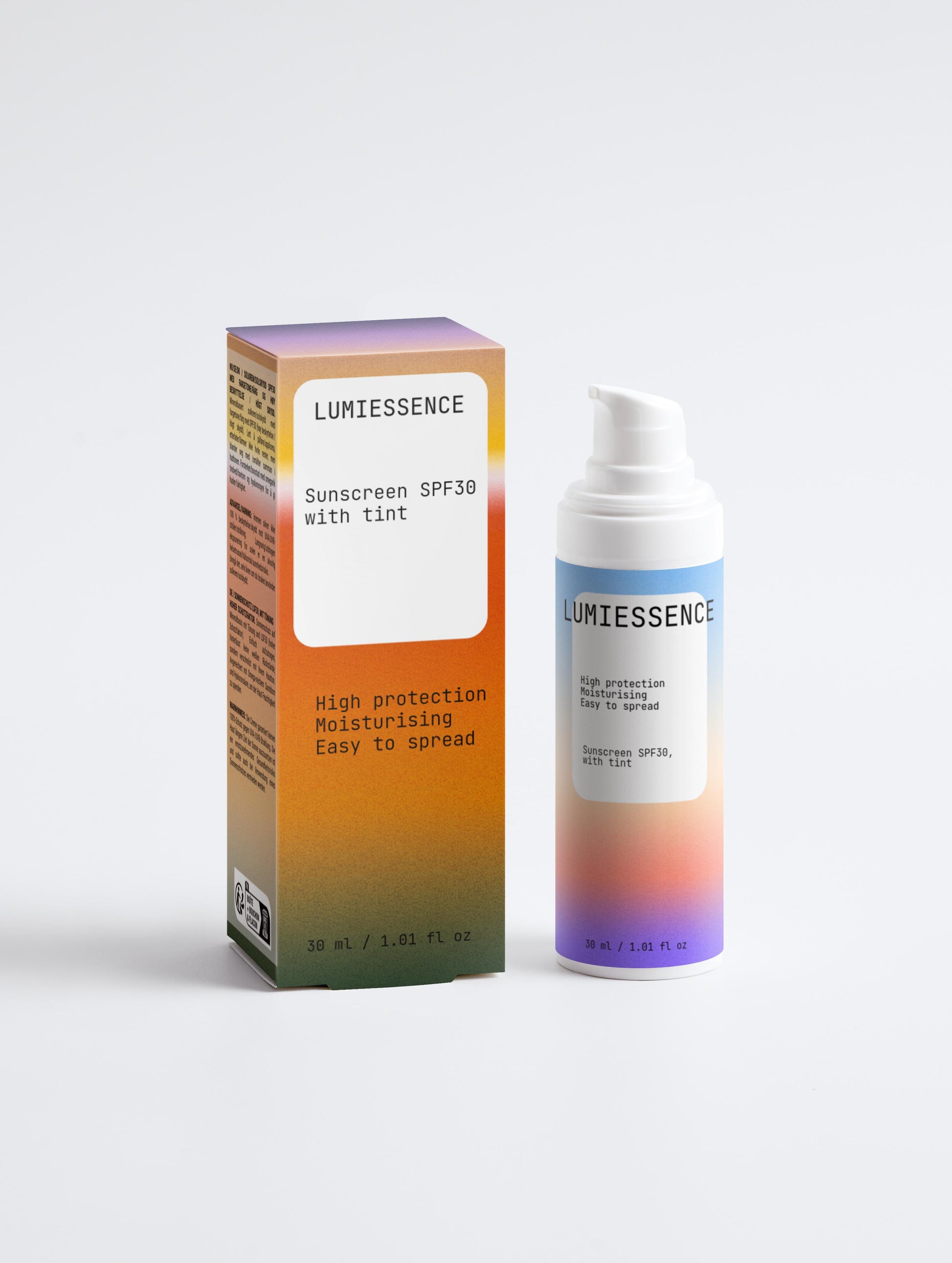 Mineral-based tinted sunscreen SPF30 bottle with a sleek design.