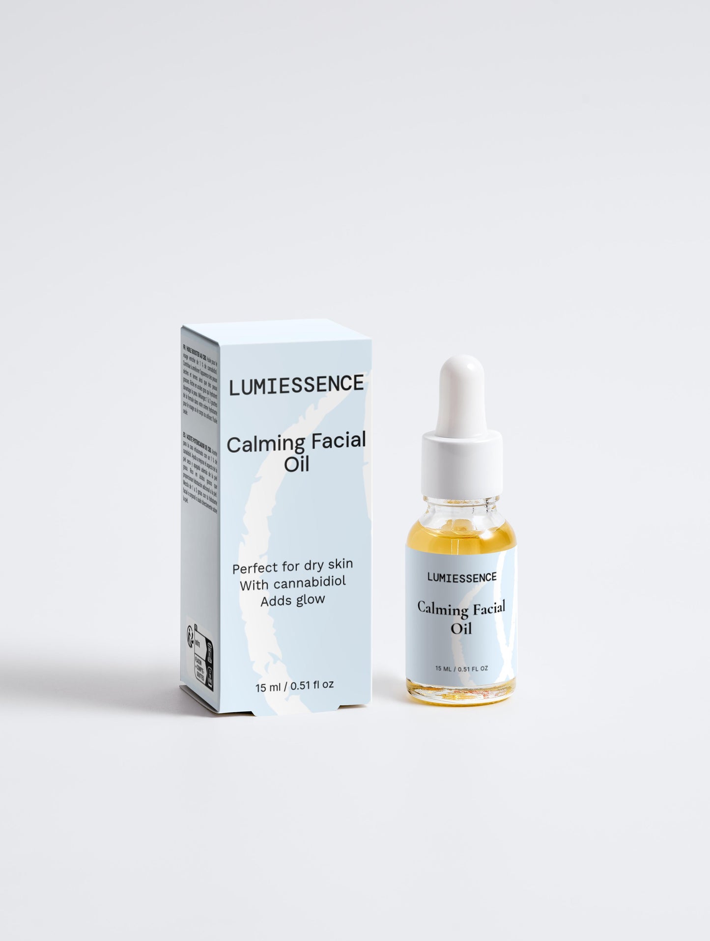 Bottle of Calming Facial Oil infused with 1% Cannabidiol and Hemp Seed Oil.